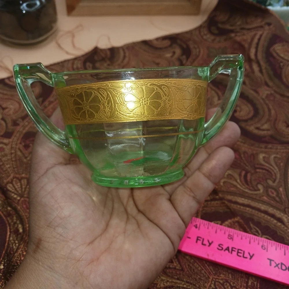 Vtg Green Uranium Glass Creamer & Sugar Bowl Floral w Gold Gilt